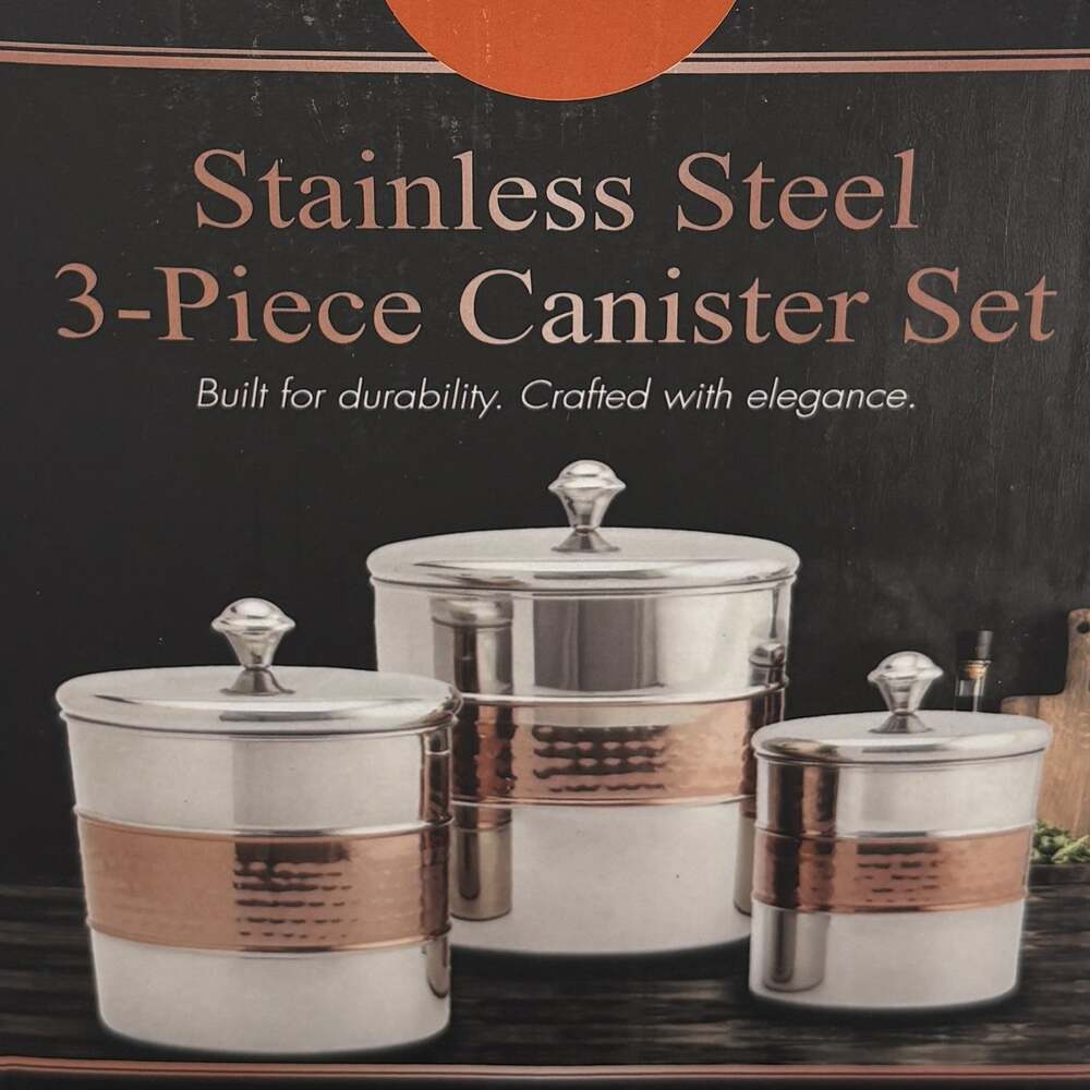 Gourmet Edge Stainless Steel 3-Piece Canister Set Copper Accents NIB